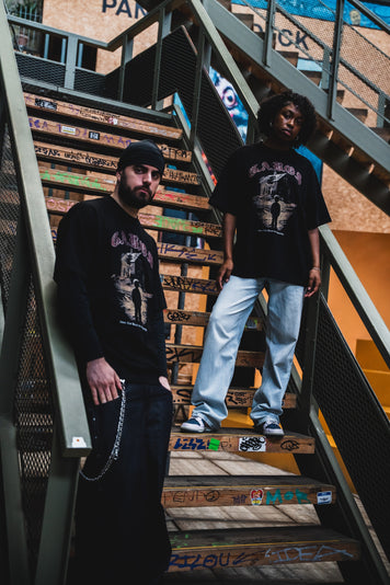 GABOS collection, black long sleeve and black T-shirt on stairs
