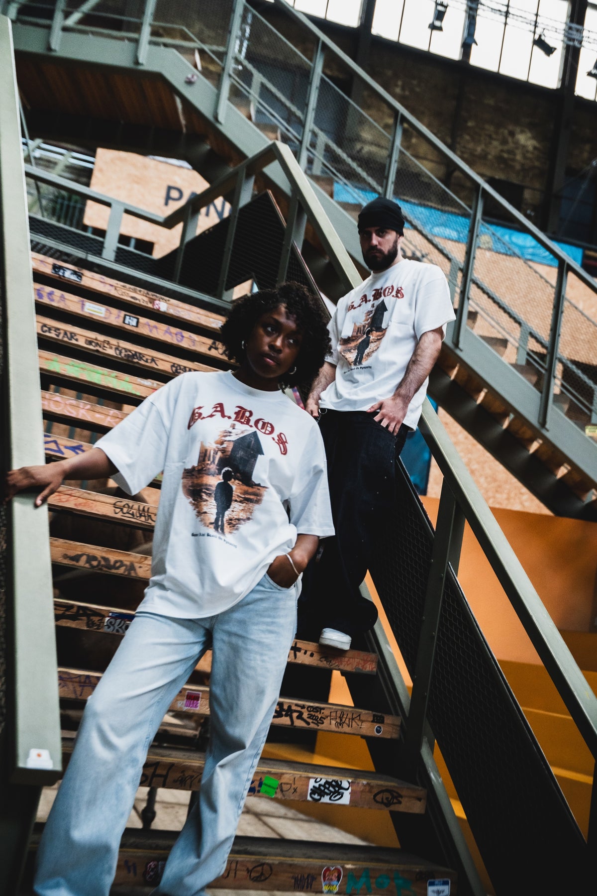 White GABOS T-shirt on staircase